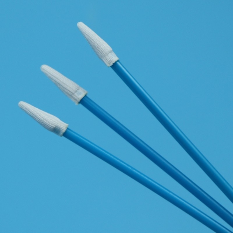 Lintvrije dubbellagers gebreide polyester tip swab kleine puntige cleanroom swab met blauwe handvat